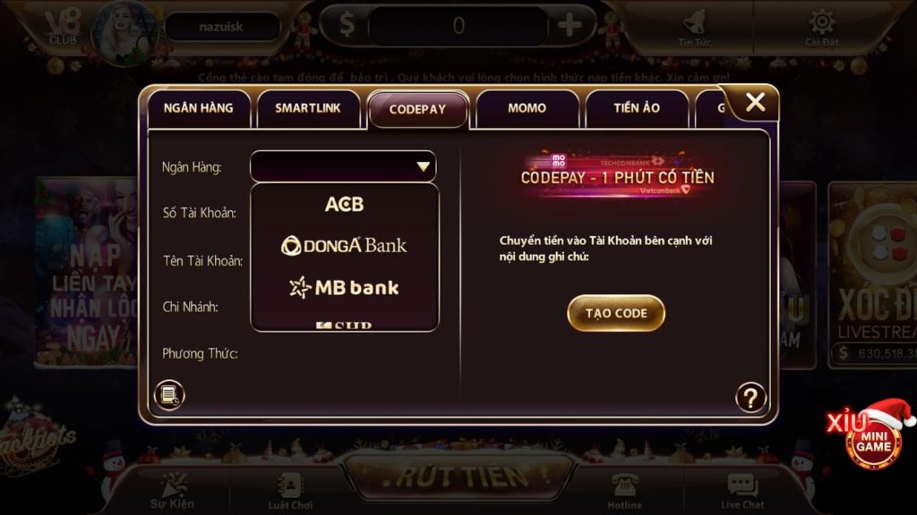 Cách nạp tiền thông qua Codepay tại cổng game V8 Club