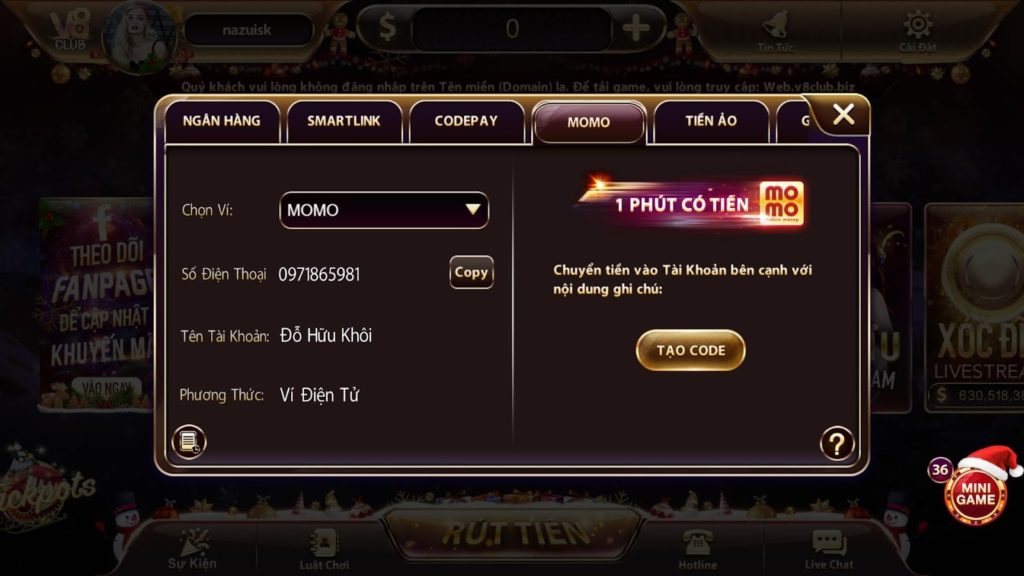 Cách nạp tiền thông qua Momo tại cổng game V8 Club