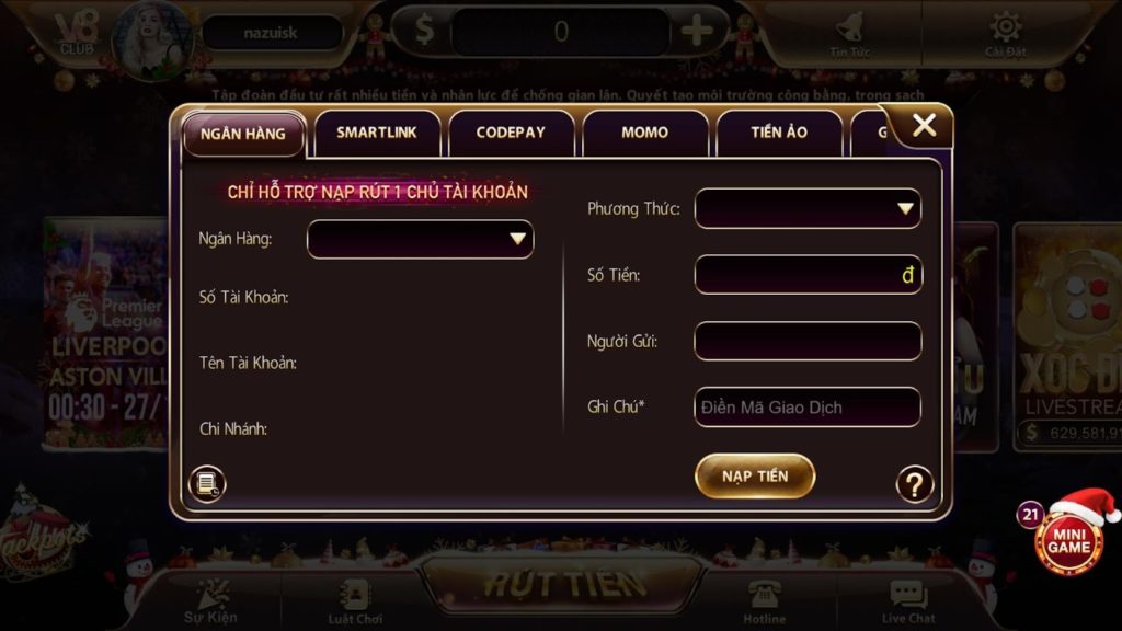 Cách nạp tiền thông qua ngân hàng tại cổng game V8 Club