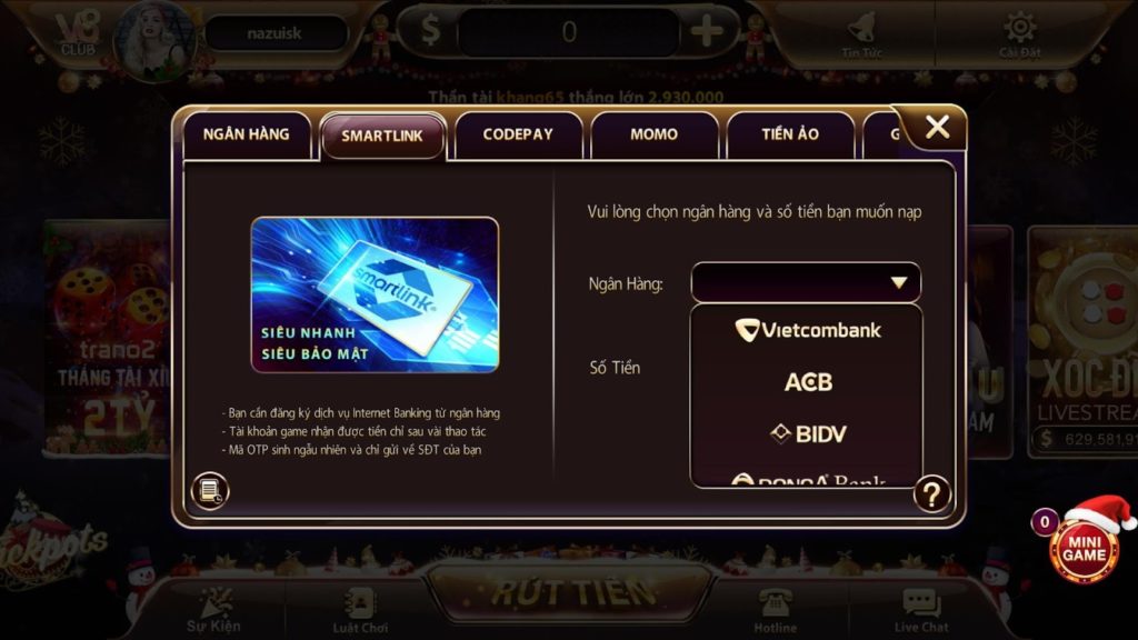 Cách nạp tiền thông qua Smartlink tại cổng game V8 Club